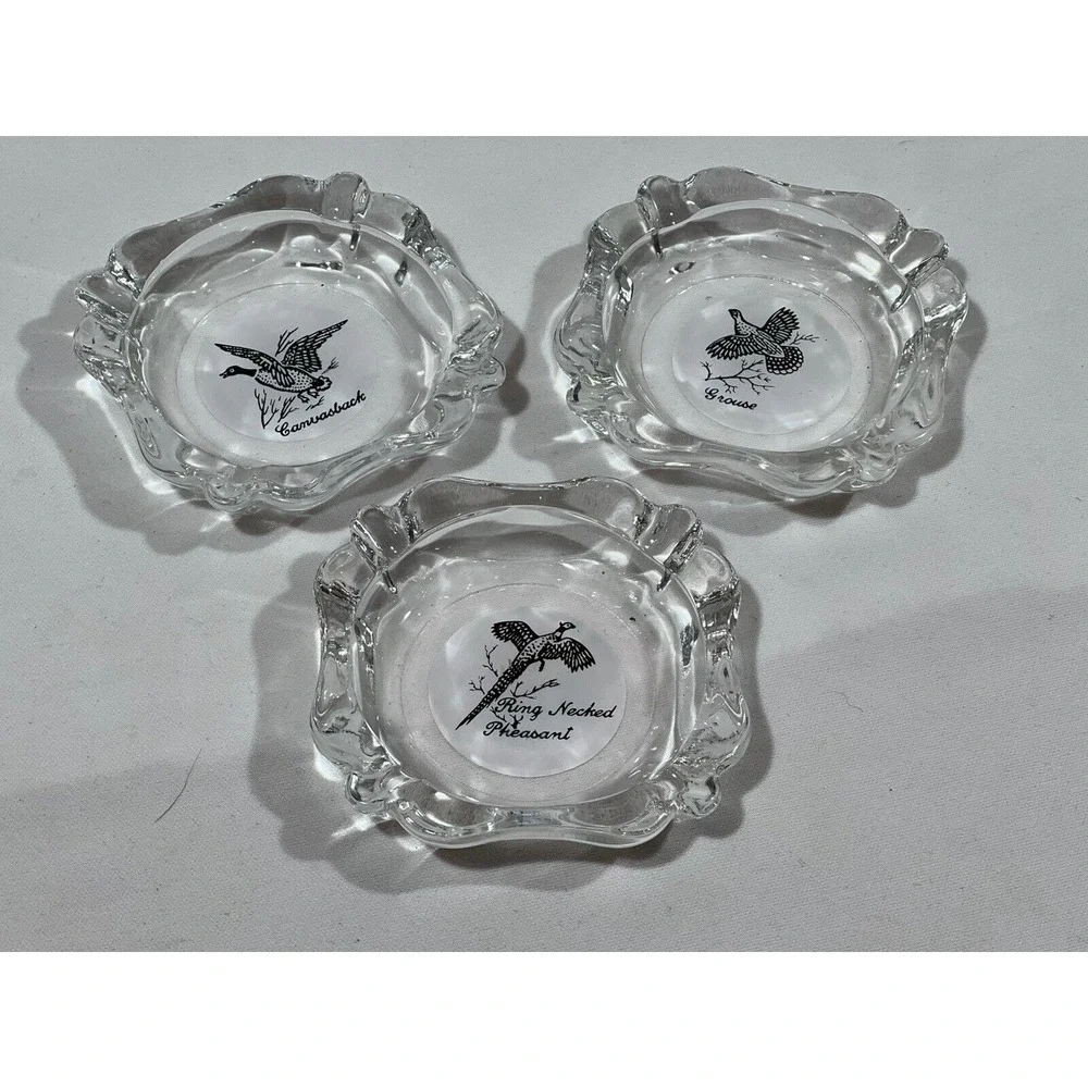 Game Bird Ashtray Set Lot Of 3 Glass‎ Grouse Pheasant Hunting Decor